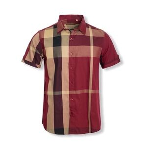 Men's Burgundy and Tan Plaid Short Sleeve Shirt